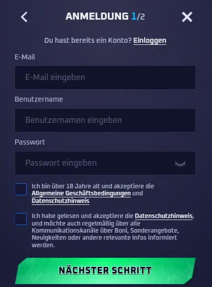 Registrierungsformular – Spielerkonto mit E-Mail-Adresse und Passwort erstellen